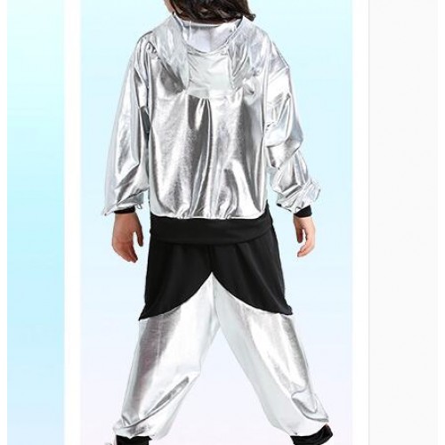 Silver gold patent leather fashion boys girls school competition contest hip hop jazz dancing outfits costumes
